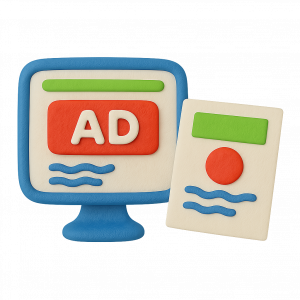 Grafik mit 3D-Symbolen zu Digital & Printwerbung