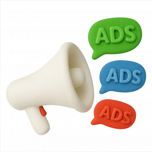 Grafik mit 3D-Symbolen zu Google Ads