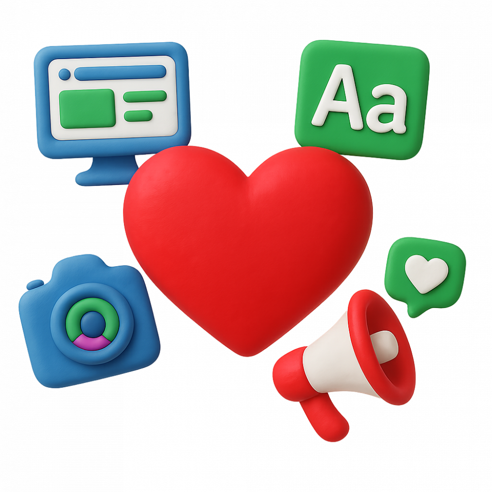 Eine Ansammlung an verschiedenen 3D-Modelierten Icons, die die verschiedenen Dienstleistungen von 3AXIS DESIGN darstellen sollen.